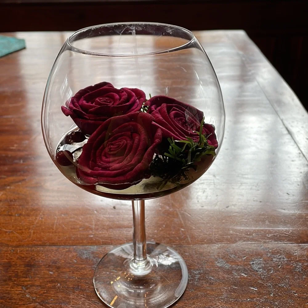 Handcrafted paper roses imbedded in resin in a glass goblet 🌹